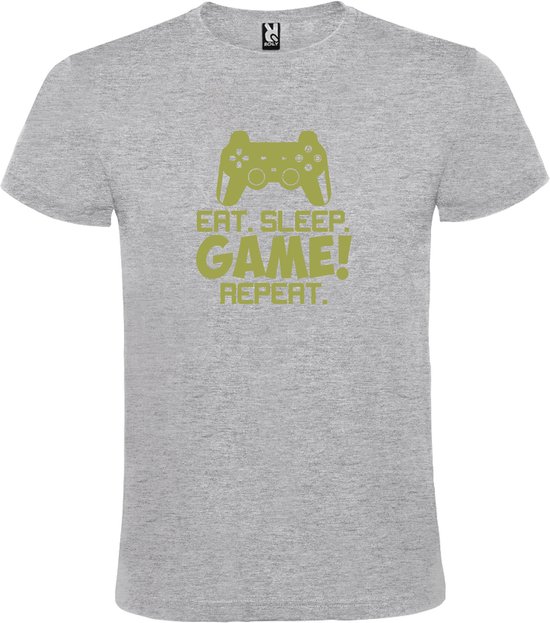 Grijs t-shirt met tekst 'EAT SLEEP GAME REPEAT' print Goud  size 3XL