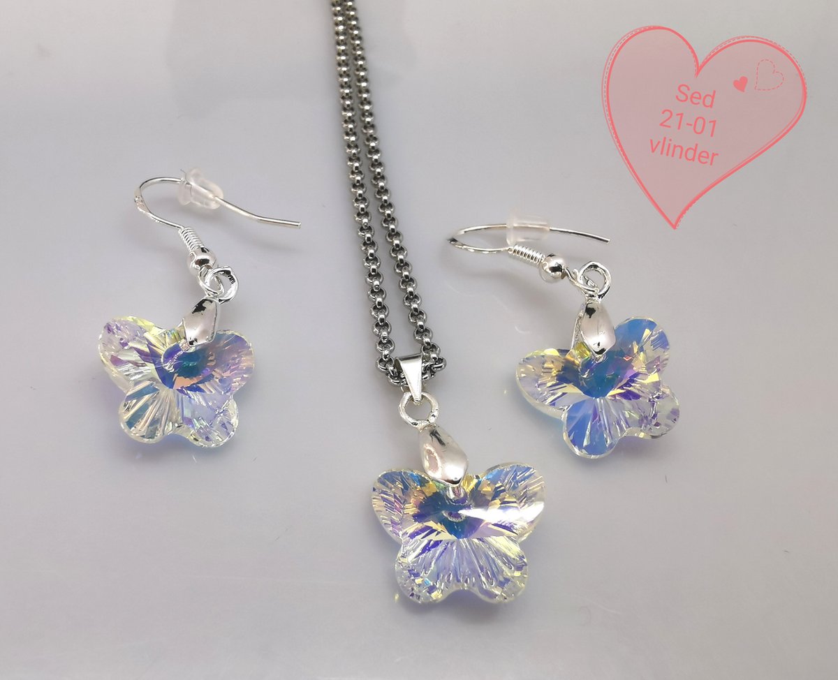Setje - vlinder - ketting met oorbellen - van fonkelende facet geslepen glas kristal vlinder.
