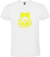 Wit t-shirt met tekst 'EAT SLEEP GAME REPEAT' print Geel  size 4XL