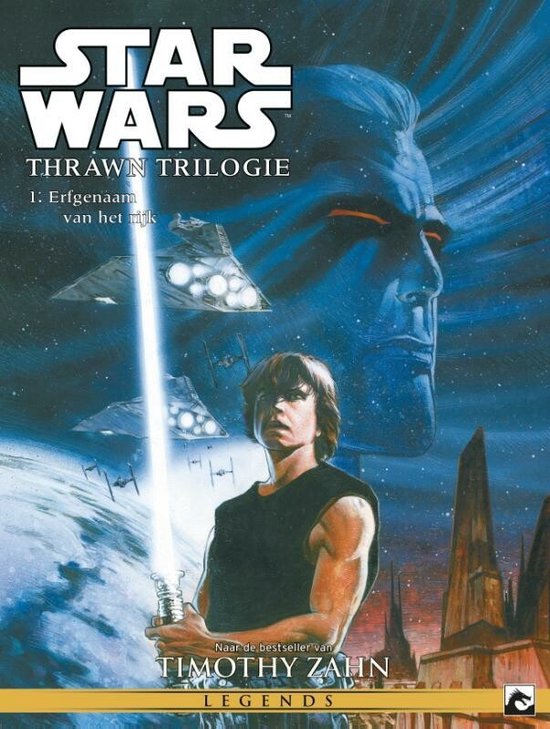 Het boek 'Star Wars Thrawn: Erfgenaam van het Rijk' met Luke Skywalker, een grote blauwe man en ruimteschepen.