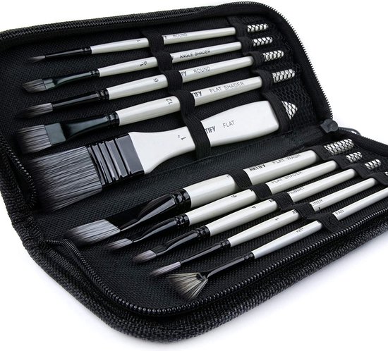 Artify Penseelset 15 Stuks Voor Acrylolieverf, Aquarelverf En Plakkaatverf Inclusief Openklapbare Draagtas Met Paletmes 2 Sponzen Grijs 664976091