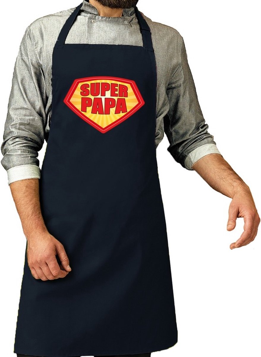 Super papa barbeque schort / keukenschort navy blauw voor heren - bbq schorten