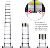 Telescoop ladder 4.4 meter met stabilisatiebalk en Soft close systeem-EU veiligheidskeurmerk + Gratis draagtas T.W.V €29.95
