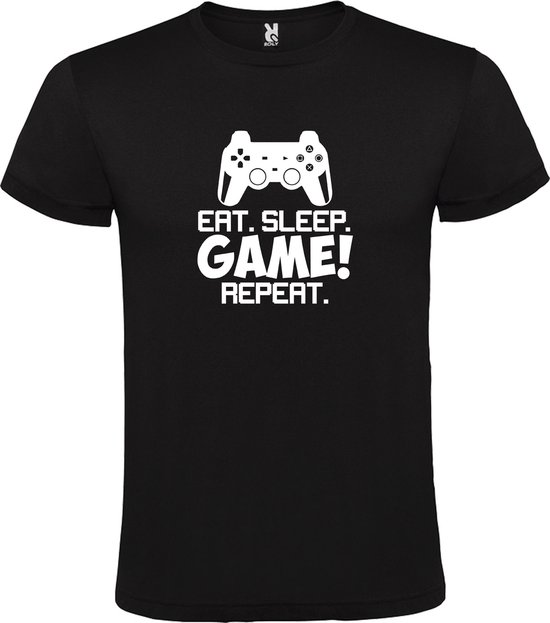 Zwart t-shirt met tekst 'EAT SLEEP GAME REPEAT' print Wit size XS