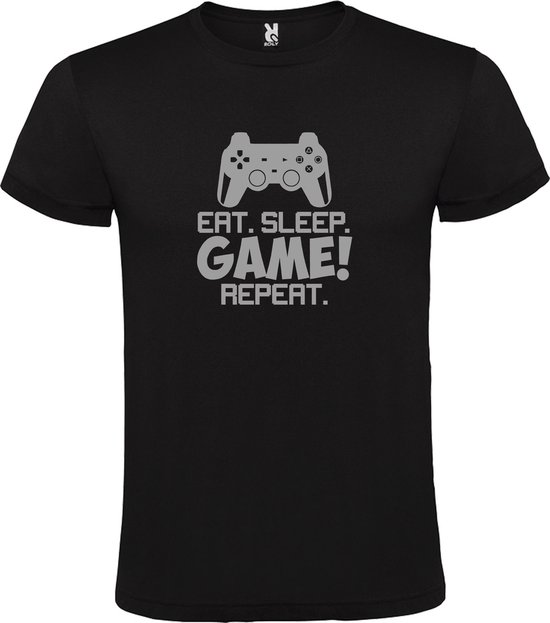 Zwart t-shirt met tekst 'EAT SLEEP GAME REPEAT' print Zilver size L
