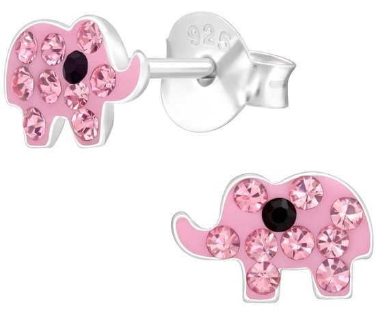 Joy|S - Zilveren olifant oorbellen - roze met roze kristal - 8 x 6 mm - kinderoorbellen