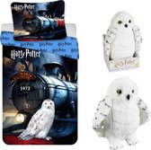 Dekbedovertrek Harry Potter- Hogwarts Express - Eenpersoons - 140 x 200 cm - Katoen, incl. Pluche Uil 28 cm- Hedwig