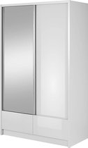 InspireMe- Zweefdeurkast Kledingkast met Spiegel Garderobekast met planken en kledingstang - 130x62x214cm (BxDxH) - RIANA I 130 cm (hoogglans Wit)