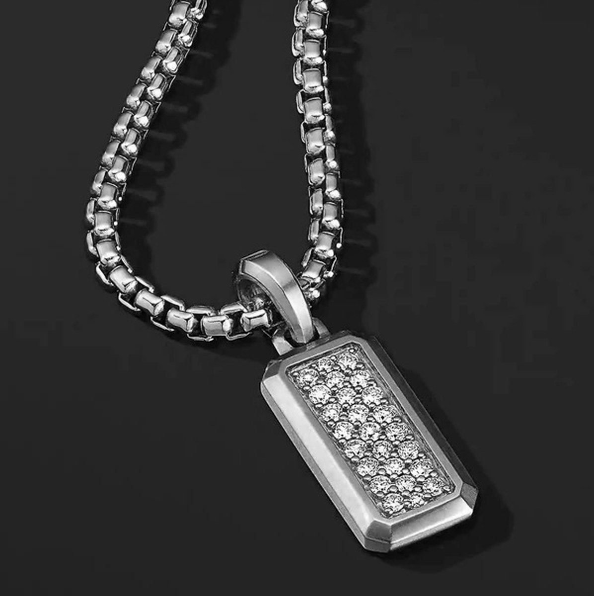 Heren Ketting met Diamant Hanger (Zirkonia) - Minimalist - Zilver Kleurig - Kettingen Dames - Papa Cadeau Voor Mannen - Vaderdag