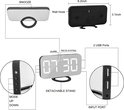 Diagram van een digitale spiegelwekker. Toont bovenaanzicht met 'snooze', achterkant met muurhaak en afmetingen, en zijaanzichten met knoppen en USB-poorten.