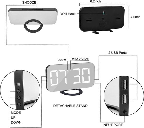 Diagram van een digitale spiegelwekker. Toont bovenaanzicht met 'snooze', achterkant met muurhaak en afmetingen, en zijaanzichten met knoppen en USB-poorten.