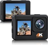 Action Cam 4K 24MP dubbel scherm, 170° groothoek 4X Zoom PC webcam sportcamera WiFi onderwater 40M waterdichte camera met EIS, 2 x 1050mAh batterijen en montagesets