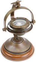Kompas - Messing wegwijzer - met houten voetstuk - 19,5 cm hoog