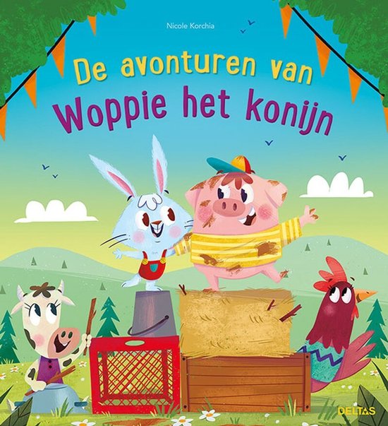 Boek 'De avonturen van Woppie het konijn' met Woppie, een vrolijk konijn, en zijn boerderijvrienden.