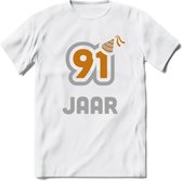 91 Jaar Feest T-Shirt | Goud - Zilver | Grappig Verjaardag Cadeau Shirt | Dames - Heren - Unisex | Tshirt Kleding Kado | - Wit - XXL