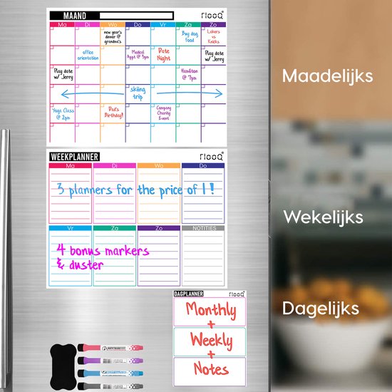 FLOOQ Magnetische Maandplanner Weekplanner 2024 en Boodschappenlijst - Complete set - Planbord - Familieplanner - Dagplanner - To Do Planner - Inclusief Markers & wisser