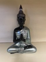 Decoratieve Boeddha zittend - blauw metallic + zwart - hoogte 20.5 cm x 14 x 12 cm - polyresin - Woonaccessoires