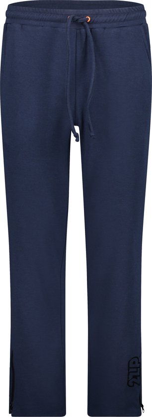 Donkerblauwe joggingbroek met trekkoord, zakken en logo op de enkel, met rits aan de onderkant.