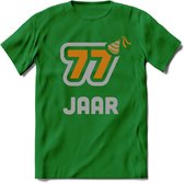 77 Jaar Feest T-Shirt | Goud - Zilver | Grappig Verjaardag Cadeau Shirt | Dames - Heren - Unisex | Tshirt Kleding Kado | - Donker Groen - S