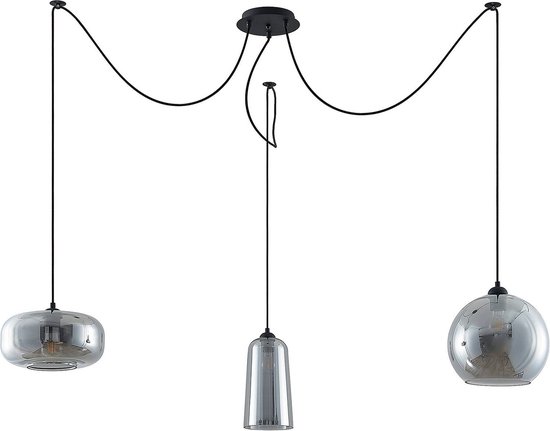 Lucande - hanglamp - 3 lichts - metaal, glas - E27 - zwart, rookgrijs