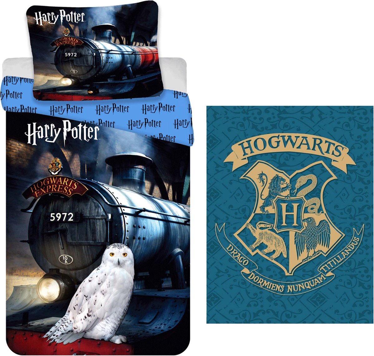 Dekbedovertrek Harry Potter- Hedwig- Hogwarts Express - Eenpersoons - 140 x 200 cm - Katoen, incl. Harry Potter Fleecedeken Hogwarts