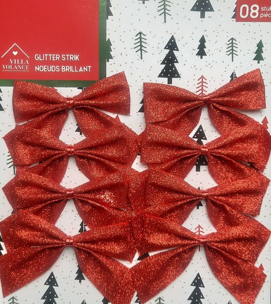 8 rode Kerststrikken glitter strikjes voor in kerstboom