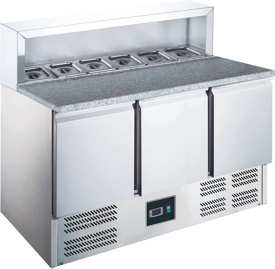 SARO Pizzawerkbank EPS 903 – 3-deurs Koeltafel met Granieten Werkblad – 1368 mm breed – Horeca Koelwerkbank – Bestel nu!