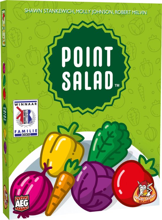 Doos van het kaartspel 'Point Salad' met afbeelding van groenten en de prijs 'Nederlandse Spellenprijs Familie 2020'.