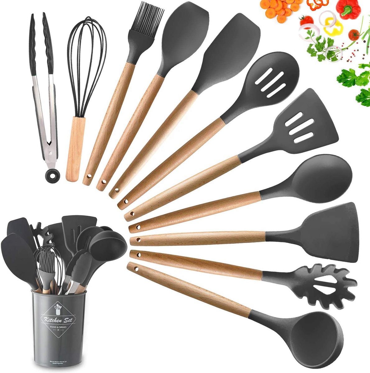 Keukengerei Set 11 stuks Premium Houten Handvat Siliconen Kookgerei BPA-vrij Grijs Inclusief Voedseltang Schrapers Serveerlepel Slotted Turner Spaghetti Server Ei Garde Slotted Lepel