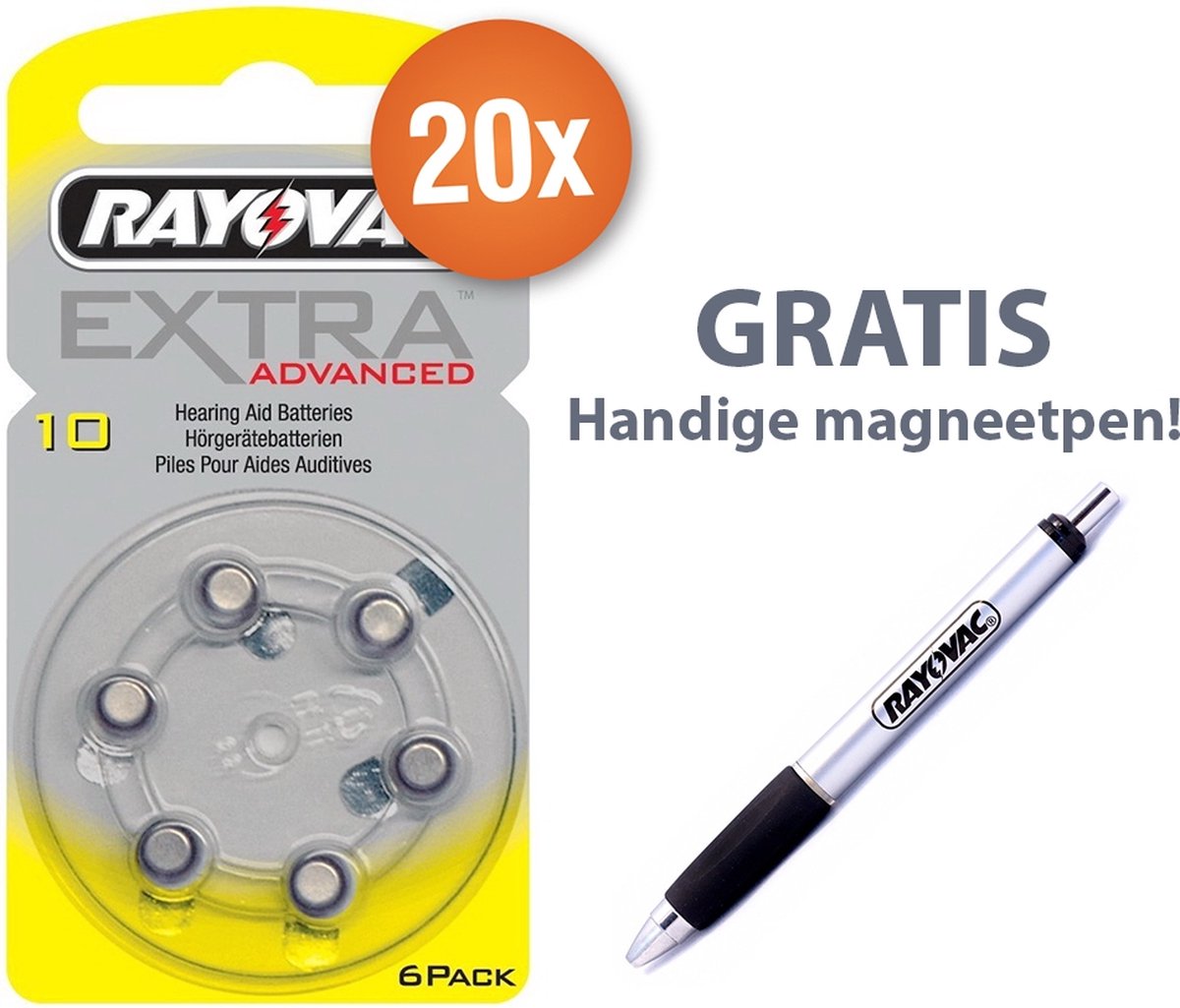 Voordeelpak Rayovac gehoorapparaat batterijen - Type 10 (geel) - 20 x 6 stuks + gratis magnetische batterijpen