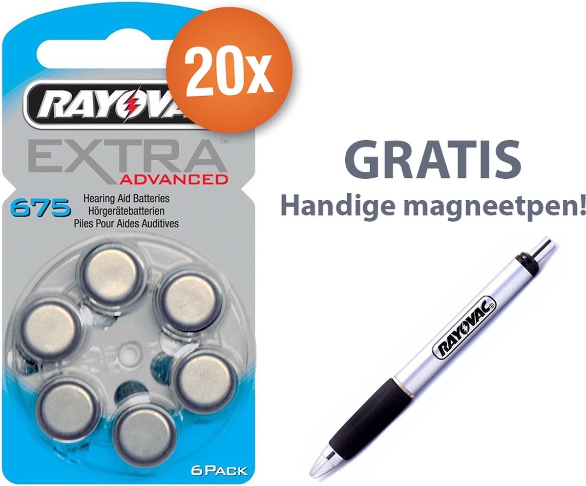 Voordeelpak Rayovac gehoorapparaat batterijen - Type 675 (blauw) - 20 x 6 stuks + gratis magnetische batterijpen