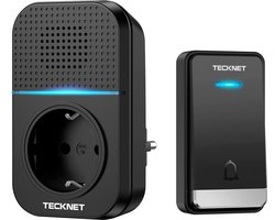 Tecknet draadloze deurbel met 1 ontvanger inclusief stopcontact | Duurzame zender zonder batterijen | Zwart