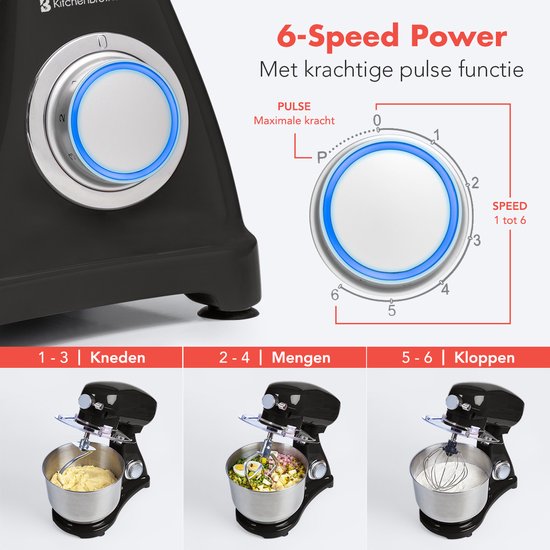 KitchenBrothers Keukenmachine - Keukenrobot - 6,2L Mengkom - 1800W - Keukenmixer - Aluminium - Zwart van KitchenBrothers — afbeelding 3