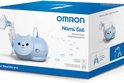 Omron Nami Cat Compressor Vernevelaar in de vorm van een blauwe kat, met mondstuk en buis, verpakt.