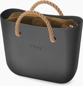 O bag mini handtas in donkergrijs, compleet met korte handvatten in duifgrijs en canvas binnentas in naturel