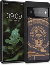 kwmobile telefoonhoesje geschikt voorGoogle Pixel 6 Pro - Hoesje met bumper - kersenhout - In lichtbruin / zwart Diá de los Muertos design