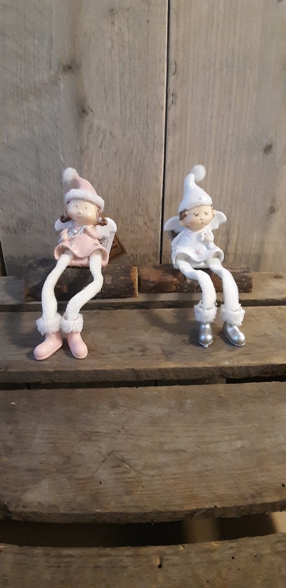 Kerst - Engelen - Op boomstam - Roze - Wit - Bungelbenen - Set van 2