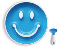 Munchkin kinderservies - Baby Bordje met zuignap en Lepel - Smile 'n Scoop - Bord met zuignap in de vorm van een smiley - BPA-vrij - 9+ maanden - Blauw