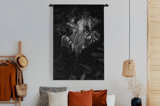 Tenture murale - Toile murale - tigre dans la jungle - noir et blanc - 120x180 cm - Tapisserie
