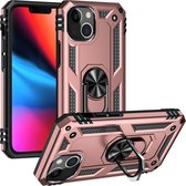 Apple iPhone 13 Stevige Magnetische Anti shock ring back cover case- schokbestendig-TPU met stand Rosé goud + gratis screenprotector