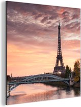 Wanddecoratie Metaal - Aluminium Schilderij Industrieel - Een mooie oranje lucht boven de Eiffeltoren in Parijs - 90x90 cm - Dibond - Foto op aluminium - Industriële muurdecoratie - Voor de woonkamer/slaapkamer