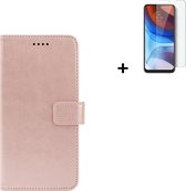 Hoesje Motorola Moto G10 - Screenprotector Motorola Moto G10 - Hoes Motorola Moto G10 Wallet Bookcase Rose Goud + Tempered Glass