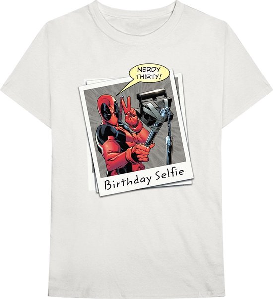 Marvel Deadpool Heren Tshirt Birthday Selfie Creme