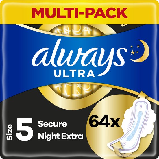 Always Ultra Secure Night Extra - Maat 5 - Maandverband Met Vleugels - Voordeelbox 64 stuks