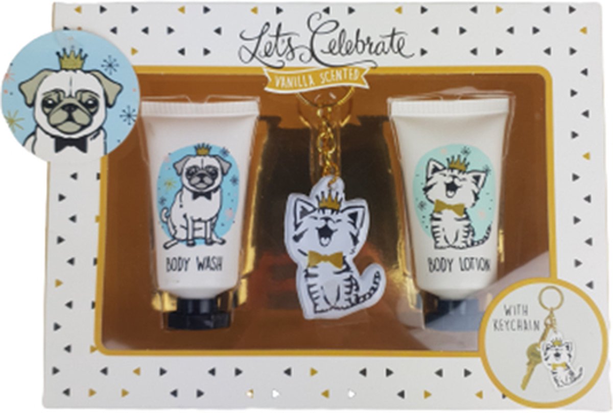 Goedkoopste Let's celebrate vanilla scented geschenkset - Wit / Goud - Kunststof - Set van 3 - Spa - Giftset - Cadeau - Cadeauset