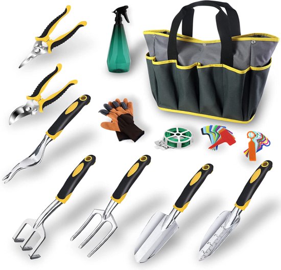 GardenHOME Tuingereedschapsset, Roestvrijstalen 7-Delige Gereedschapsset, Zware Opvouwbare Kruk, Afneembare Canvas Draagtas, Tuingereedschapsset Organizer