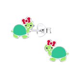 Joy|S - Zilveren schildpad oorbellen - groen met rood strikje - 9 x 8 mm