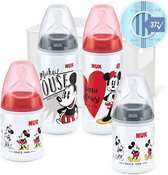 NUK - Disney Micky Mouse First Choice + babyflessen starterset, 4 anti-koliek babyflessen (2 x 150 ml en 2 x 300 ml), temperatuurcontrole-weergave, siliconen zuiger, flessenbox, BP