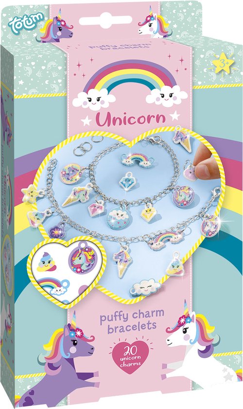 Totum Unicorn - 2 eenhoorn glitter bedel armbandjes maken - 2D Puffy Charm Bracelets