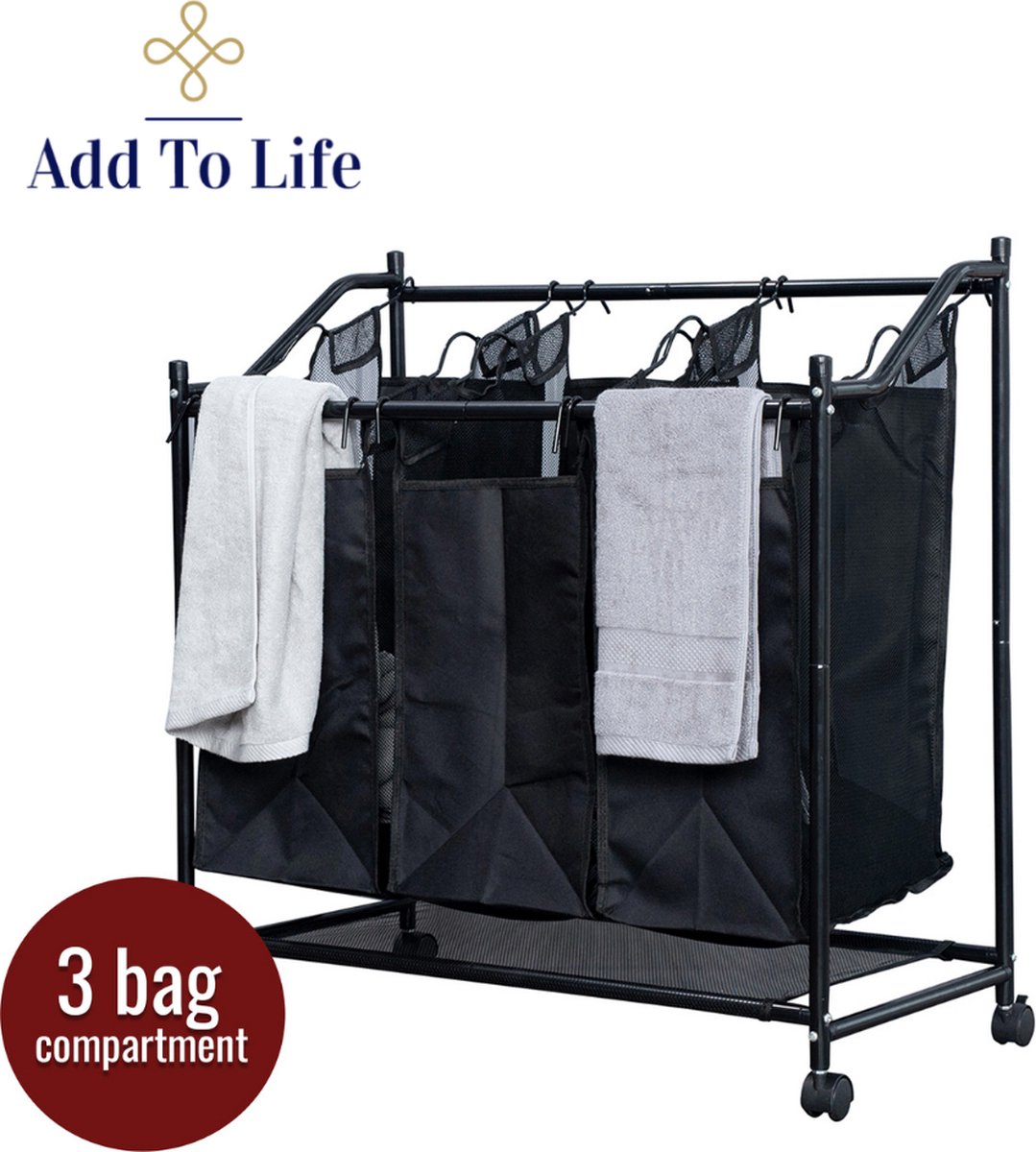 Add To Life Wasmand met 3 vakken – Wassorteerder – Wasmanden – Was sorteren – Uitneembare waszakken - op wieltjes – Zwart - 76.5cm x 41cm x 83cm